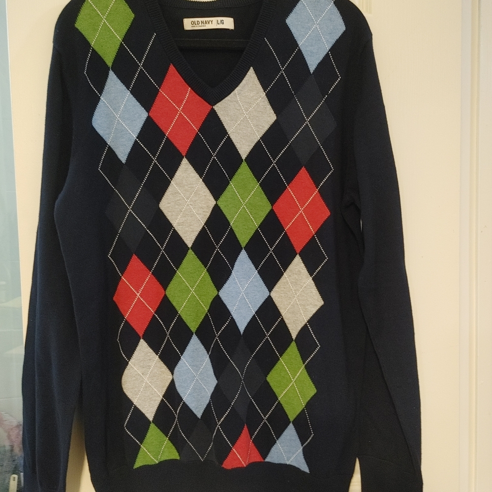 Old Navy Men's Argyle Sweater - Navy, Red, Green, Blue